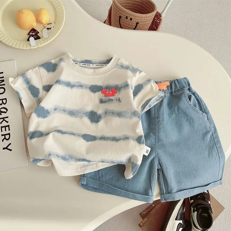 Kids Outdoor Sports Set Boys Girls Summer Short Sleeve T-Shirt Shorts Two-Piece Set Kids' Casual Striped T-Shirt 1-6 Year Set