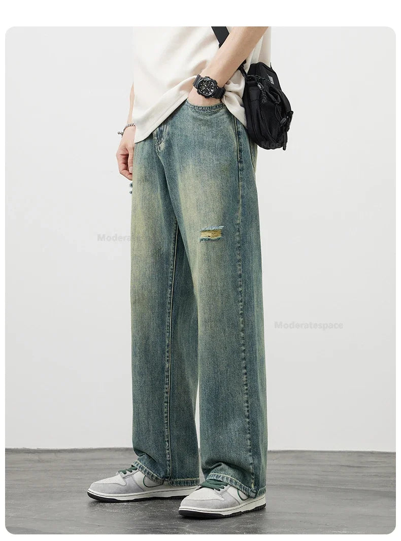 Korea Baggy Jeans Men's Vintage Straight Ripped Y2k Pants Fashion Frayed High Street Distressed Denim Trousers Male Clothes