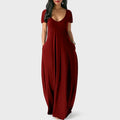 European and American Spring and Summer Women's Solid Color Dress Sexy Deep V Short-Sleeved Long Skirt