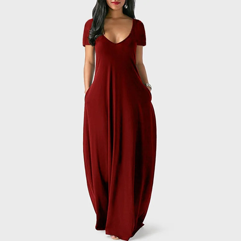 European and American Spring and Summer Women's Solid Color Dress Sexy Deep V Short-Sleeved Long Skirt