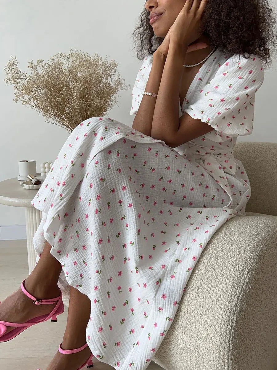Summer 2026 Floral Jacquard Elegant Beige Flowy Long Dress for Women Bornladies Women's 100% Cotton A-Line Midi Dress