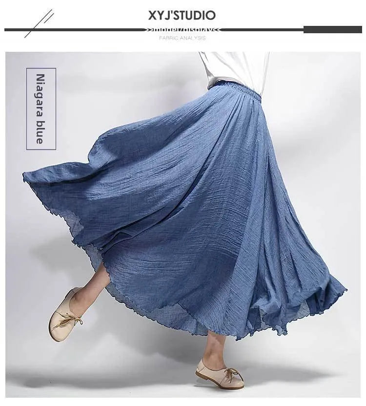 New In 2026 Spring Summer Woman Cotton Linen Midi Skirt Solid Color Loose Flared Pleated A-line Skirt Female Sweet Elegant Skirt