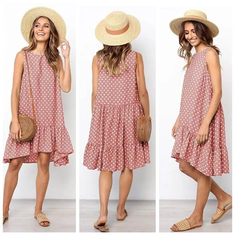 2020 Summer round Neck Sleeveless Polka Dot Loose A-Line Dress with Lace Hem Long Evening Gown Women's Fashion Casual Dress