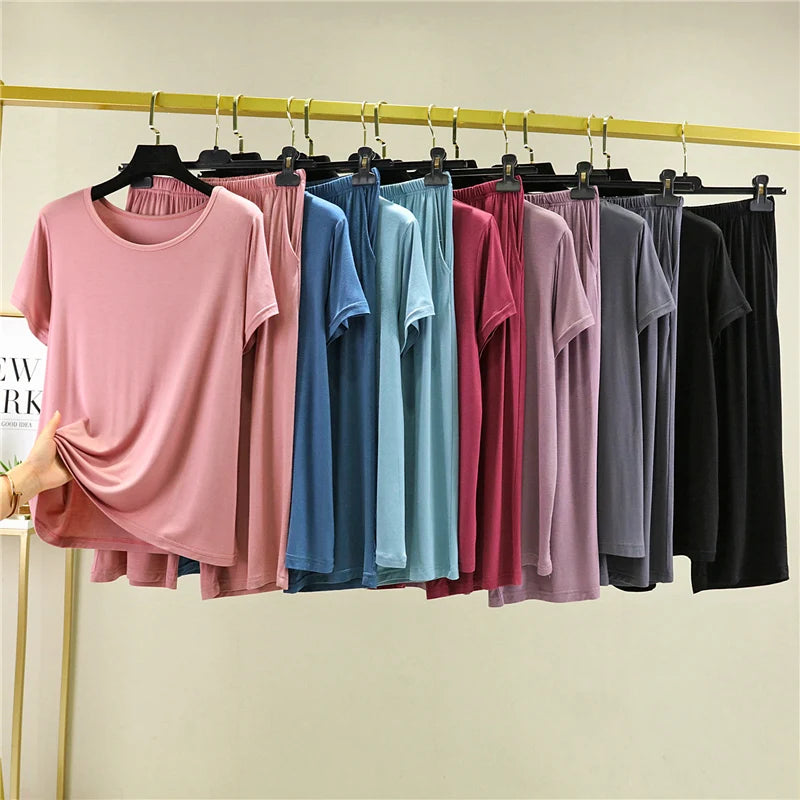 Summer Lightweight Modal Sleepwear Casual Loose Short Sleeve T-Shirt Women's Seven-Piece Pants Outdoor Large Size Leisure Set