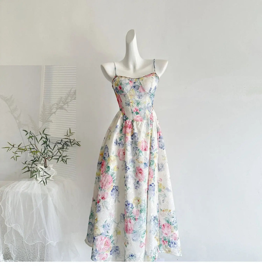 Sweet Pure Desire Style Women's Floral Print Halter Dress Slimming Waist Design Casual Summer Polyester Fiber Gown