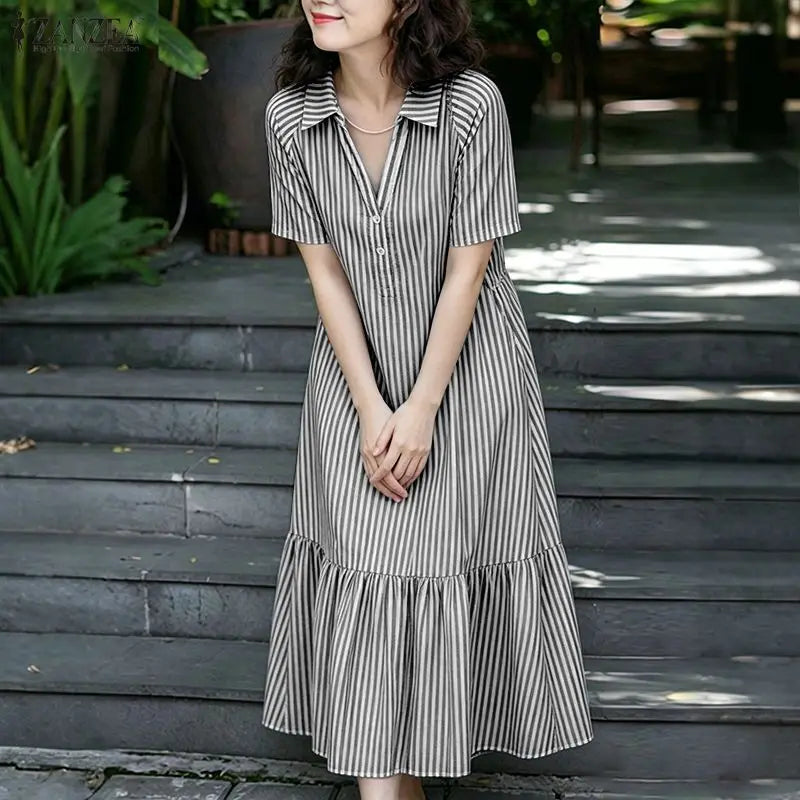 Women Summer Sundress ZANZEA Stylish Lapel Neck Striped Dress Elegant Short Sleeve Ruffled Hem Work Midi Dresses Baggy Robe 2026