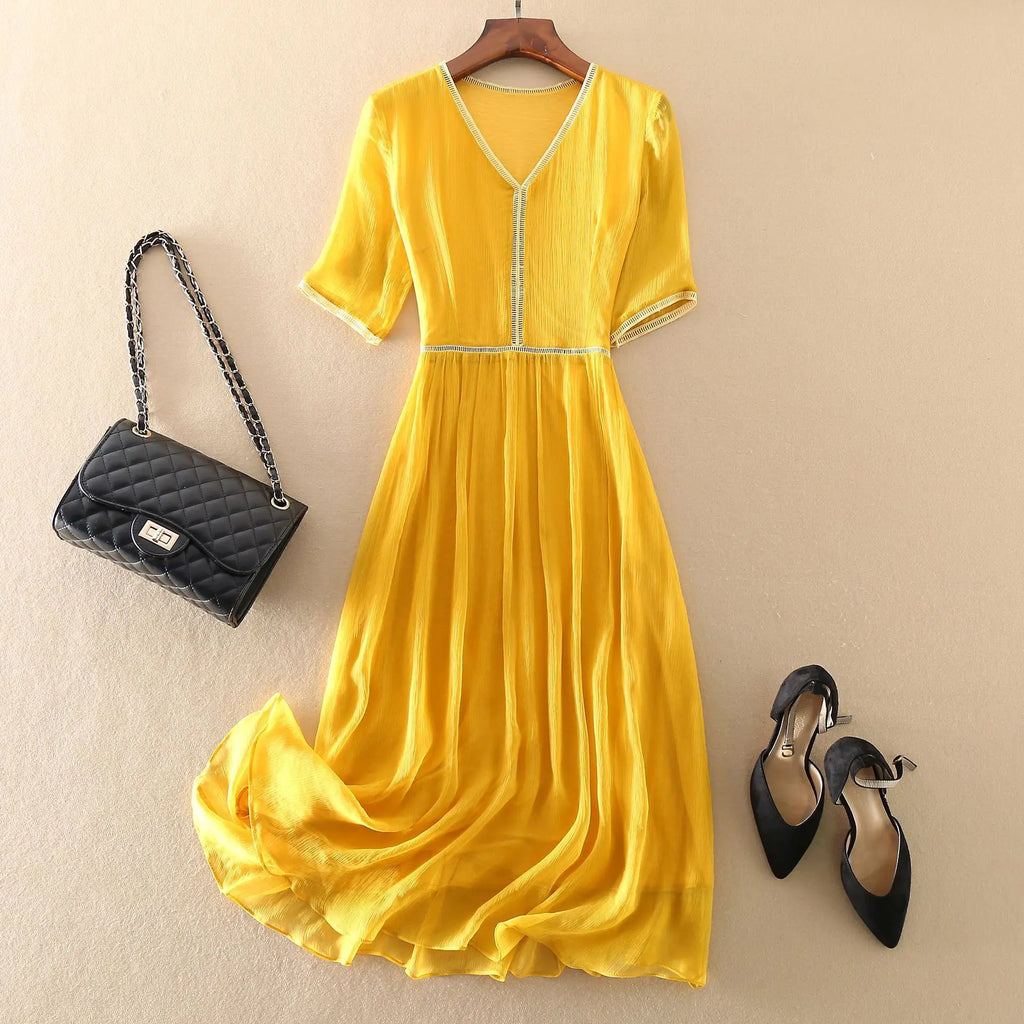 KMETRAM 100% Natural Mulberry Silk Dresses 2025 Woman Summer Elegant V-neck Long Dress Party Frocks Women Clothing Vestidos