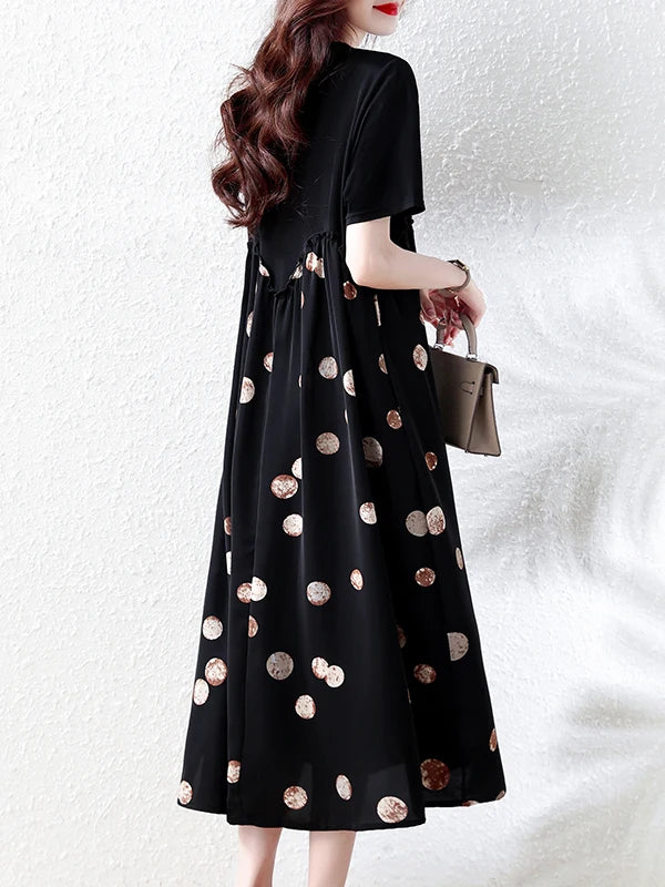 Summer New plus Size Polka Dot Dress Color Block Loose Fitting Slimming Effect Casual Commute Style Women's Dress