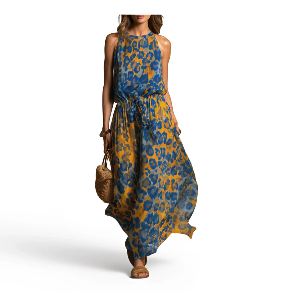 Women's Halter Sleeveless Maxi Dress Leopard Print Waist Tie Detail Loose Fit Long Dress Fashion Casual Ladies Daily Wear