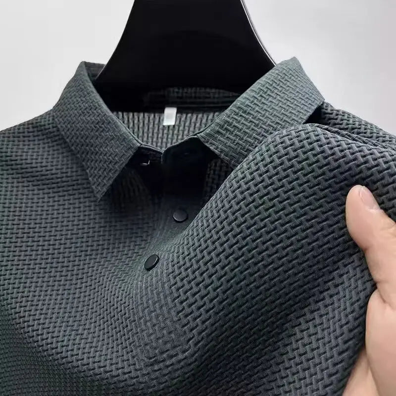 Summer New Men'S Lop-Up Hollow Short-Sleeved Polo Tee Shirt Ice Silk Breathable Business Fashion T-Shirt Male Brand Clothes
