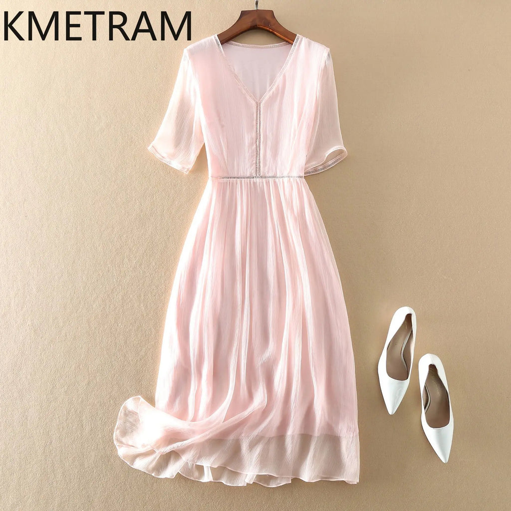 KMETRAM 100% Natural Mulberry Silk Dresses 2025 Woman Summer Elegant V-neck Long Dress Party Frocks Women Clothing Vestidos