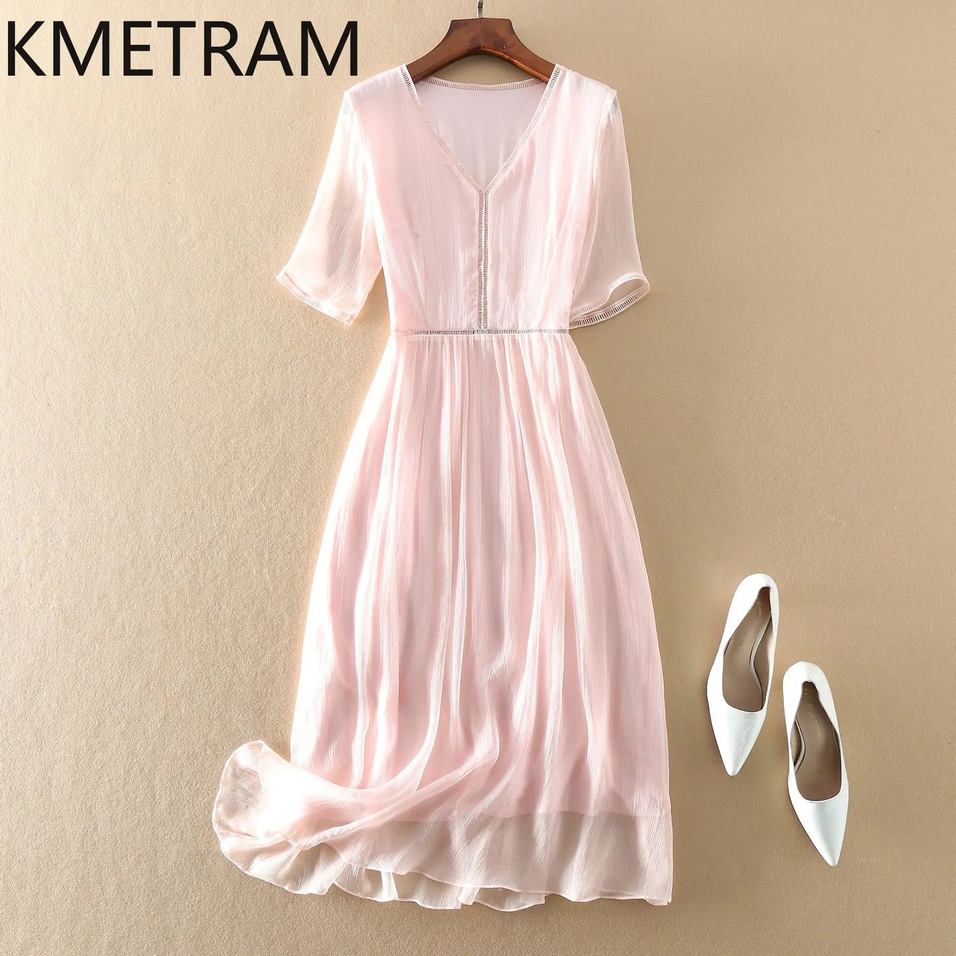 KMETRAM 100% Natural Mulberry Silk Dresses 2025 Woman Summer Elegant V-neck Long Dress Party Frocks Women Clothing Vestidos