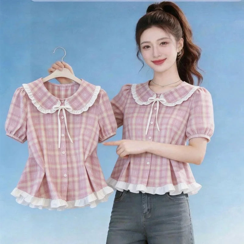 Sweet Style Pink Plaid Shirt Women's Summer Short Sleeve Waist Cinched Slimming Floral  Top Doll Collar Loose Fit Polyester