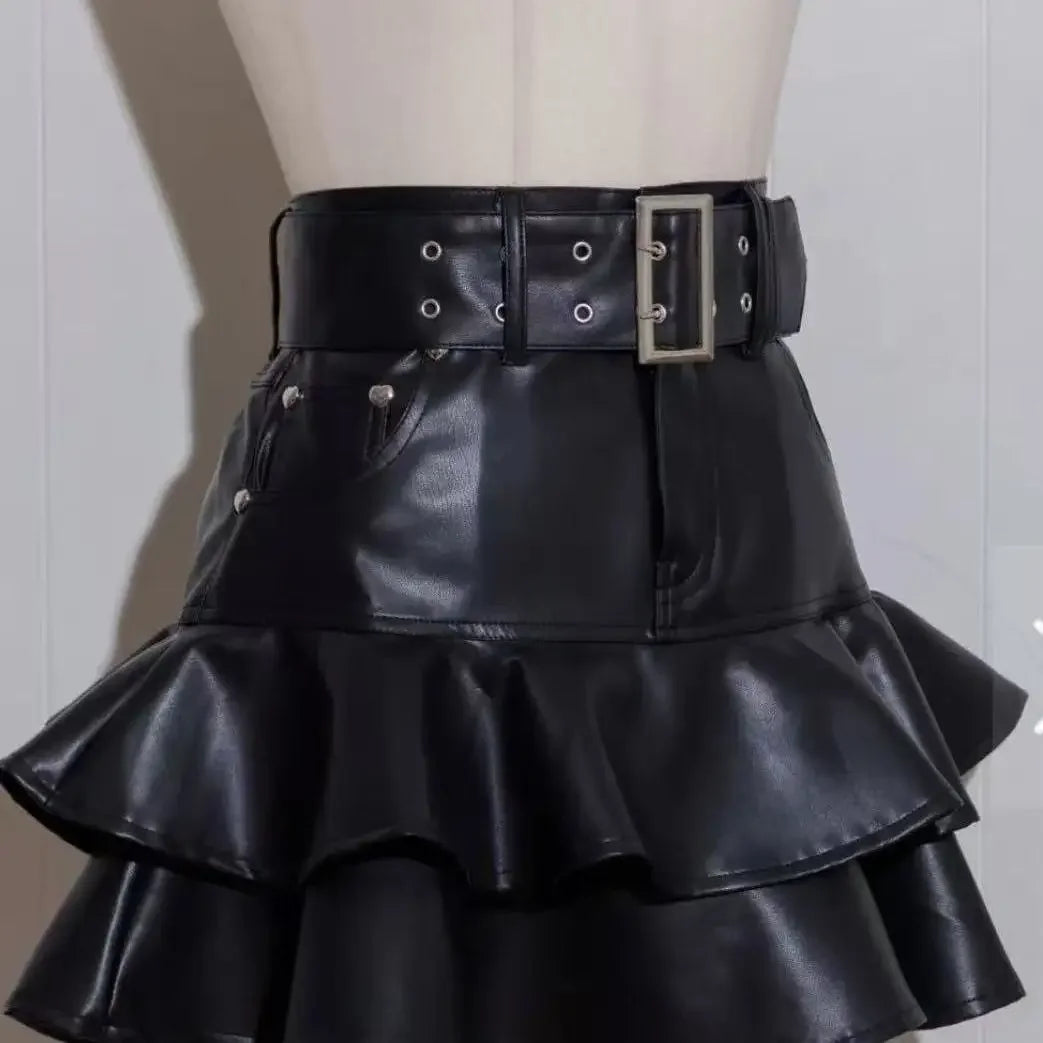 Women's A-Line Mini Skirt - High Waist Slim Fit Black Ruffle Skirt