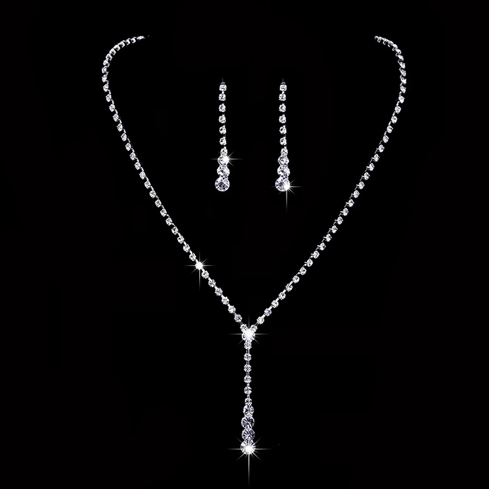 Women'S Fashion Necklace Earrings Set Rhinestone Wedding Accessories Bridal Lady Dangle Earring Pendant Elegant Jewellery Sets