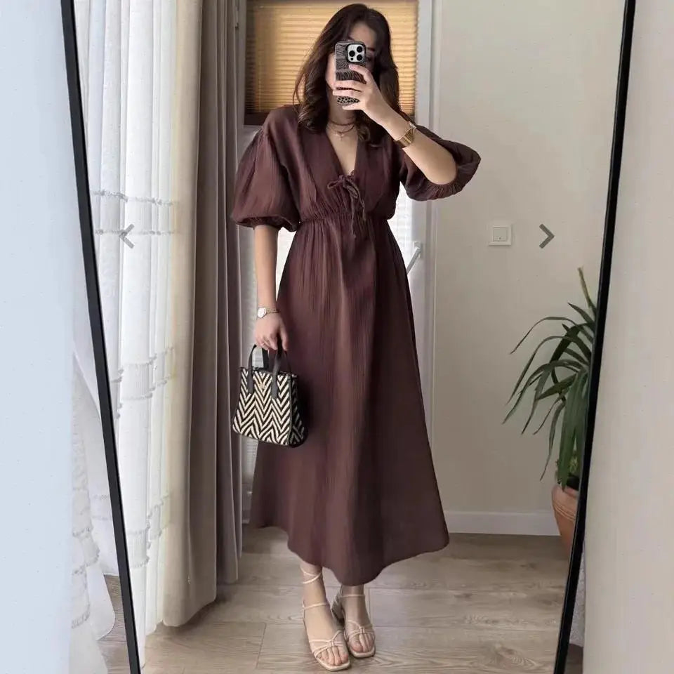 Dress Women Dresses A Line Puff Sleeve Vestidos V Neck Elastic Waist Elegant Mid Length Solid Y2k Streetwear Work Lace Up Summer