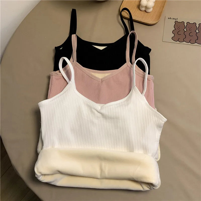 Women'S Winter Warm Underwear Solid Color Thermal Casual Nightwear Sexy Elasticity Female Thin Velvet T-Shirt Sleeveless Tops