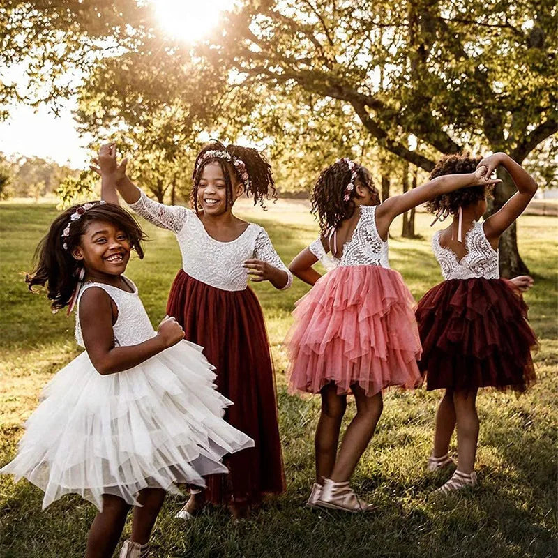 Flower Girl Bridesmaid Dresses Little Girl Layered Lace Tulle Dress Elegant Festival Princess Dress Sleeveless Clothes