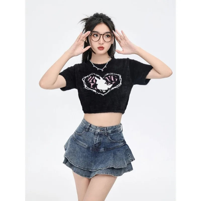 Women's Double Layer Ruffled Denim Mini Skirt With Heart Chain Decoration