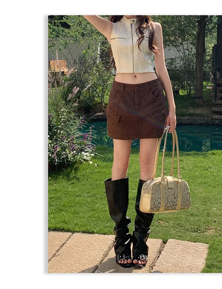 High Waist A-Line Mini Skirt Denim Skirt Women's Multi-Pocket Anti-Light Workwear Half Skirt Street Style Casual Wear