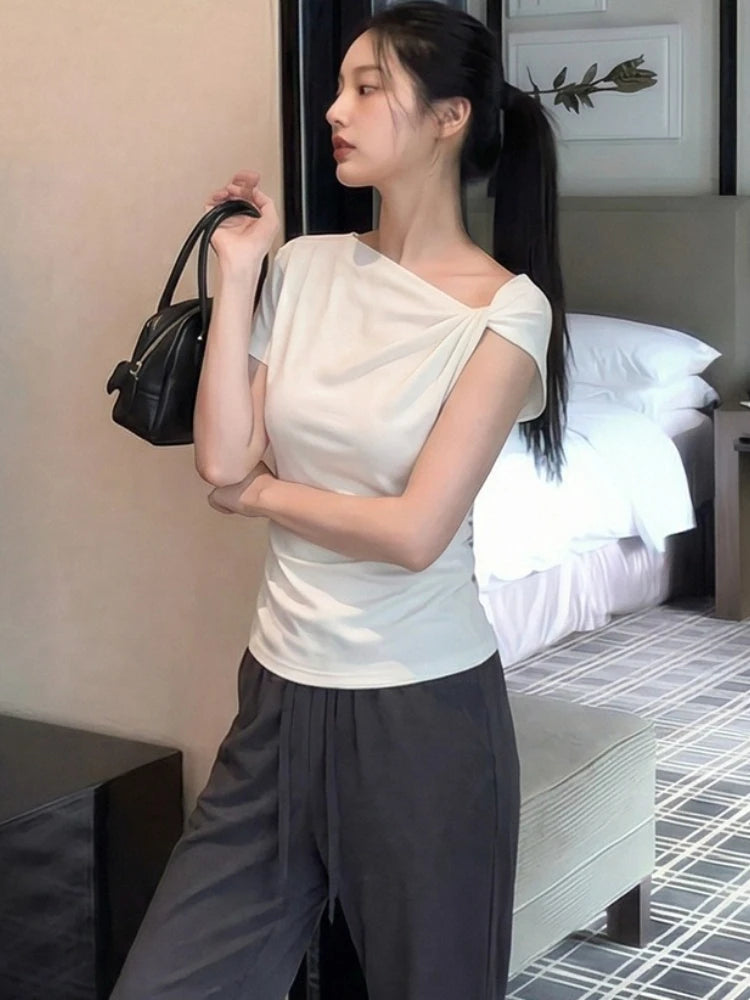 White Diagonal Shoulder Short Sleeve Crop Top 2026 Summer Solid Waist Pleated Women T-shirt Korean Style Minimalist Slim Tee