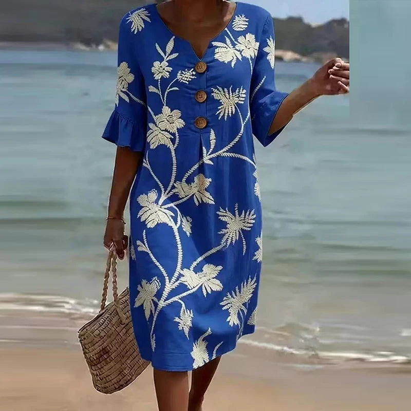 Summer Vintage Printed Dress Women Casual V Neck Half Sleeve Button Design Midi Dresses For Women Loose Beach Holiday Dress Boho