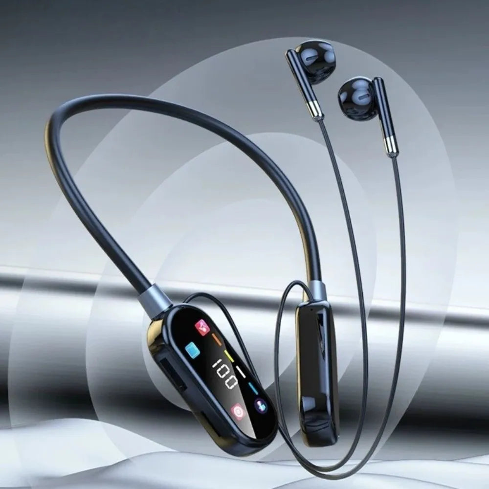 Wireless Wireless Earphones Long Battery Life HiFi Stereo Neckband Headphones HD Mic LED Display Screen Sports Headset