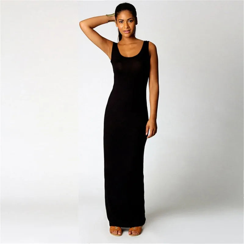 Women‘s Maxi Dress Sleeveless Bodycon Long Dress Elegant Casual Homewear Spring Summer Cool Solid-Color Dress
