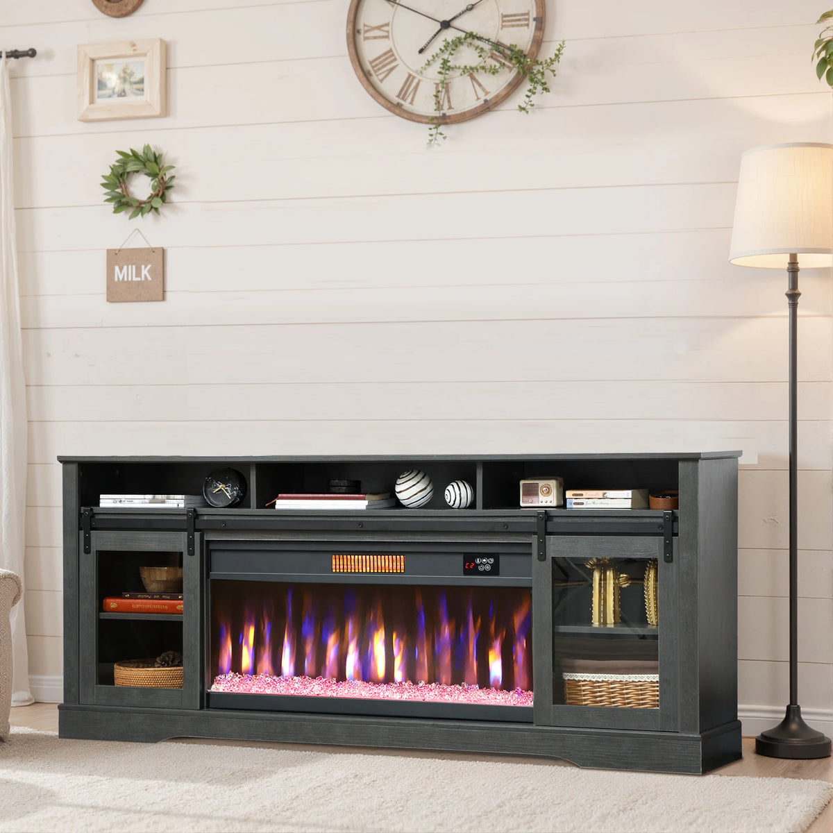 Fireplace TV Stand for TVs Up to 80 Inches, Modern Entertainment Center with 36" Glass Electric Fireplace & LED Lights, TV Console with Open Storage and Side Cabinets for Living Room, Black