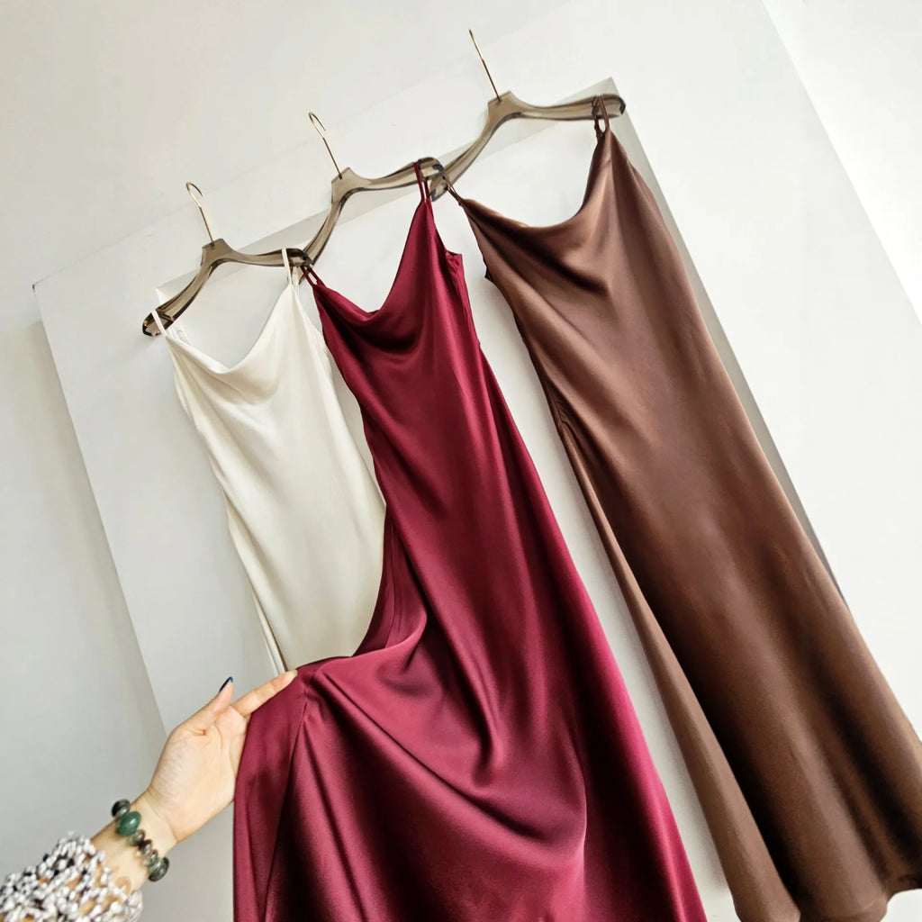 Acetate Satin Long Dress Women's Vacation Gown U-Neck Strapless Luxury Elegant Draped Skirt Three-Dimensional Effect Dyed
