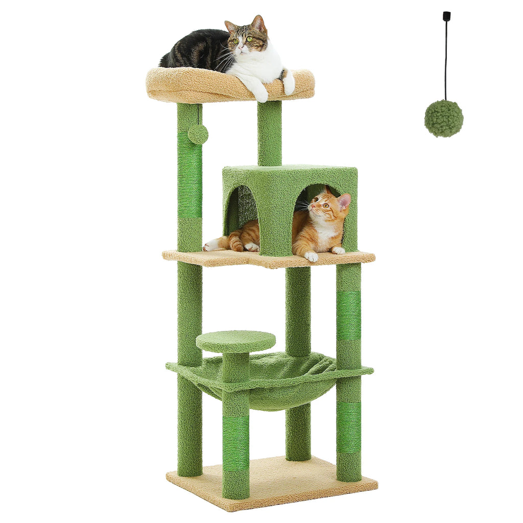Cactus Cat Tree Tower for Large Cats with Metal Plush Big Hammock for Indoor Cats with 2 Door Condo House with Large Top Perch