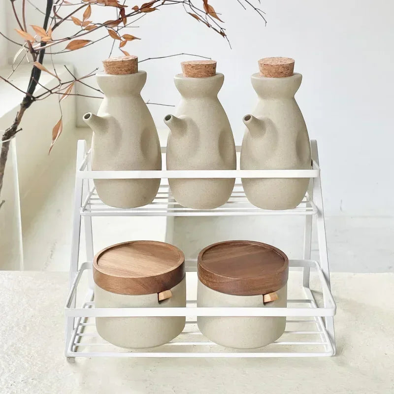 Ceramic Seasoning Jar Retro Japanese Style Home Kitchen Salt Chili Sugar Jar Oil Pot Wooden Lid Spice Kitchen Utensils Modern