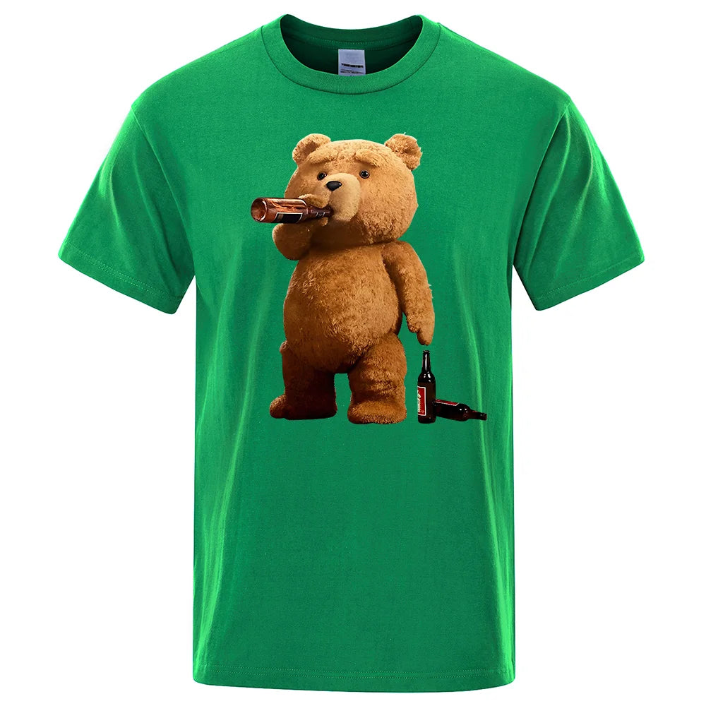 Lovely Ted Bear Drink Beer Poster Funny Printed T-Shirt Men Fashion Casual Short Sleeves Loose Oversize Tee Street Hip Hop Tops