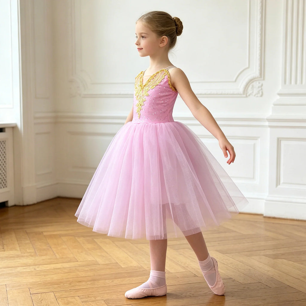 Kids Girls Ballet Dance Leotard Dress Ballerina Costume Professional Performance Dancewear Adjustable Strap Tulle Tutu Dress