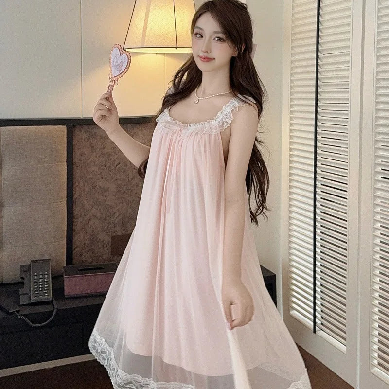 New Lace Sweet Cute Skin Friendly Breathable Comfortable Camisole Nightgown Women Summer Thin Mesh Sleepwear Princess Long Dress