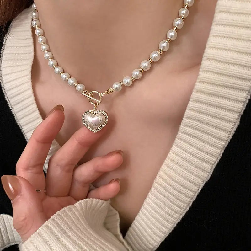 Elegant Pearl Necklace For Women'S Heart Pendant Necklaces Luxury Imitation Pearls Chain Necklaces Korean Jewelry Girls Gifts
