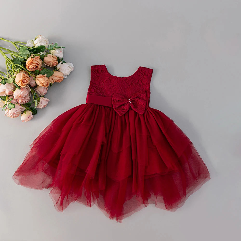 HETISO Red Lace Baby Dresses Christening Gown for Kids Princess Bowknot Toddler Girl Clothes Newborn Things 0-2Y