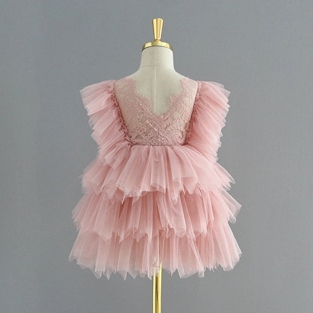 HETISO Summer Girls Birthday Dresses Pink Lace Formal Event Costumes Kids First Communion Gown Flower Wedding Dress 1-6T