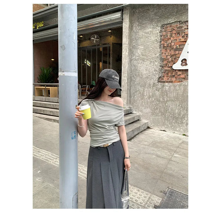 Slim Fit Short Sleeve T-Shirt Women Summer New Style Shoulder Bared Neckline Gathered Waist Elastic Band Casual Style Top