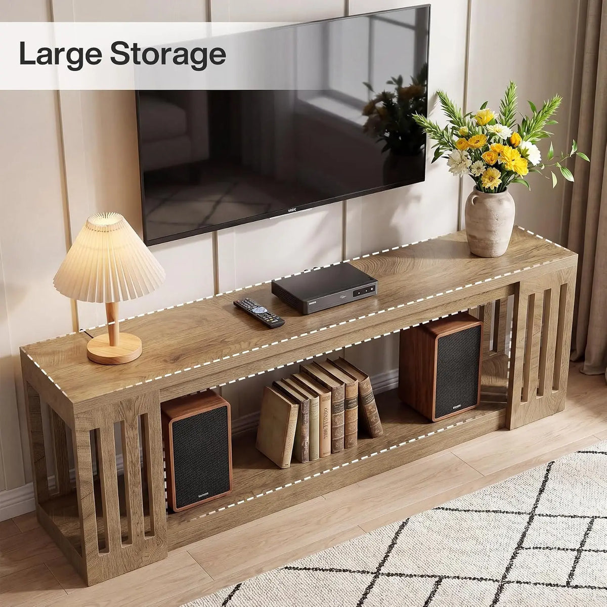 63-Inch TV Stand for 55/60/65/70-Inch TVs, Farmhouse Entertainment Center with 2-Tier Open Storage Shelves, Wooden Media Console