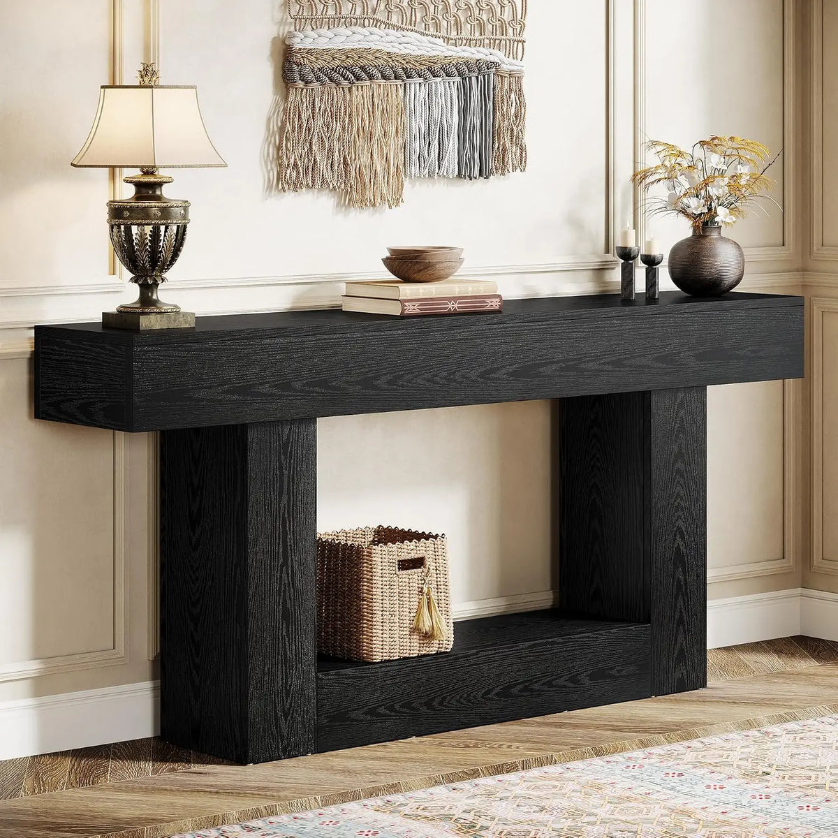 63" Farmhouse 2-Tier Console Table, U-Shaped Base Sofa Table - Brown