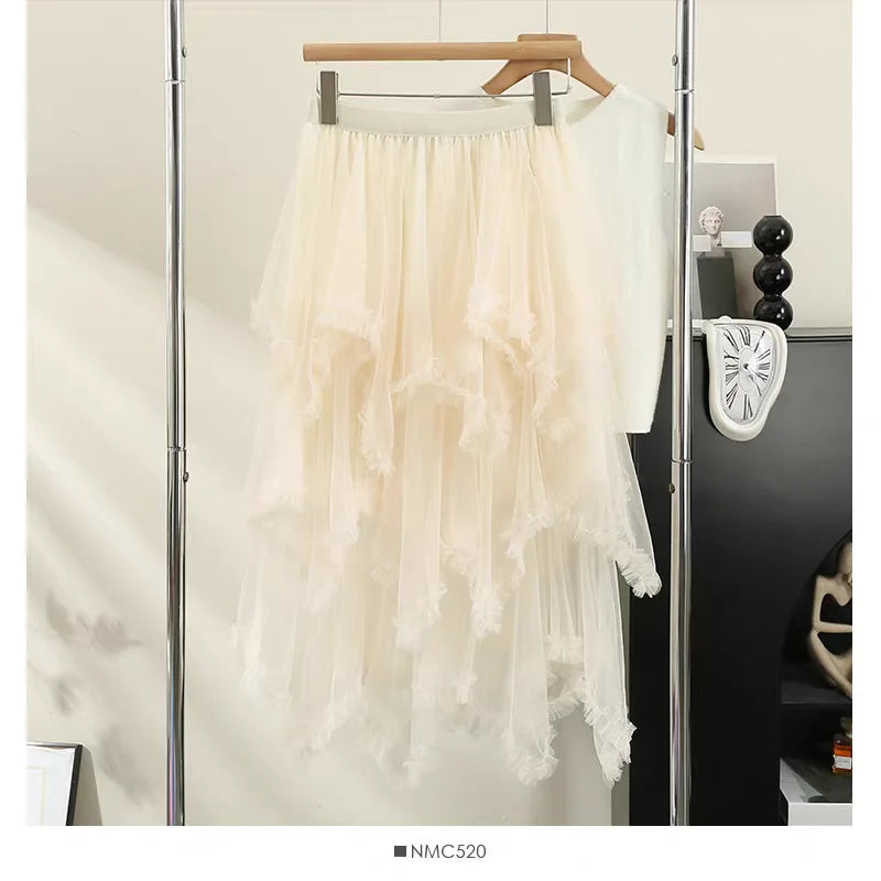 Sweetheart Fairy Dreamy Asymmetrical Tulle Skirt, High Waist A-Line Midi Layered Skirts for Women