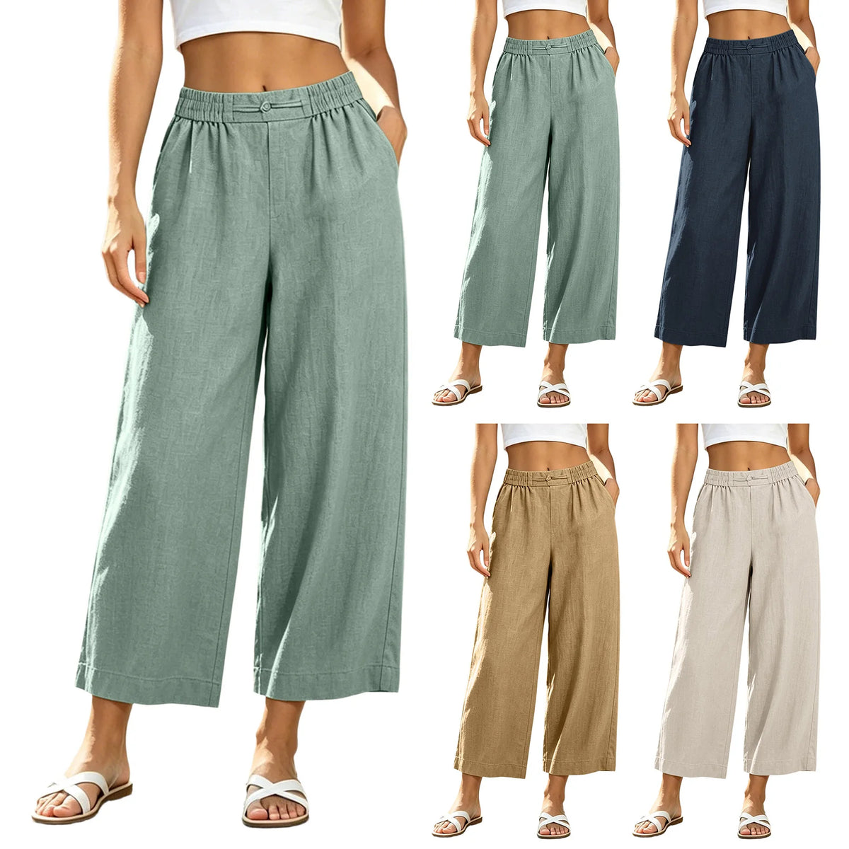 Women's Cotton Linen Blend Wide Leg Palazzo Pants with Pockets