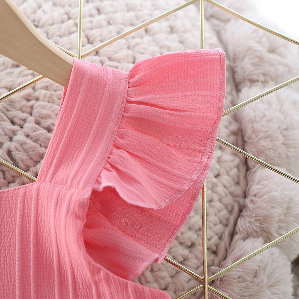 Girls Cake Princess Dress Solid Color Suspender Flying Sleeve Pink Dress Casual Kids Clothes Fashion Summer Wear