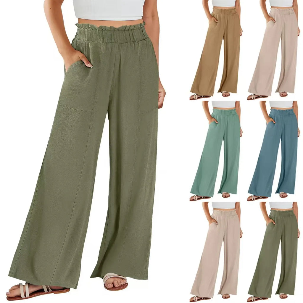 Women's Ruffle Elastic High Waist Wide Leg Pants Loose Casual Long Trousers With Pockets Spring Summer Daily Wear