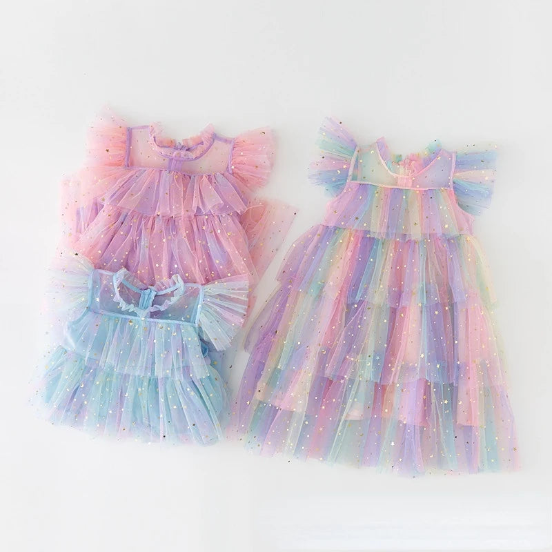 Girls Rainbow layered Dress Birthday Dress Teens Girl Clothes Summer Sequined Princess Mesh Tutu Dresses Kid Party Costume