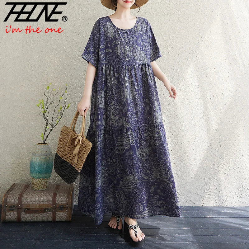 THHONE Vestido Feminino Summer Dresses for Women 2025 Bohemian Holiday Floral O Neck Short Sleeve Casual Print Women's Clothes