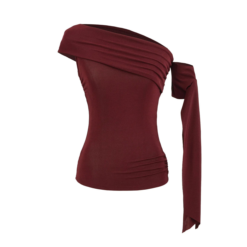 Sexy Pure Desire Short Sleeve T-Shirt Women's Spicy Girl Sash One Shoulder Tube Top Short Length Slim Fit Casual Noble