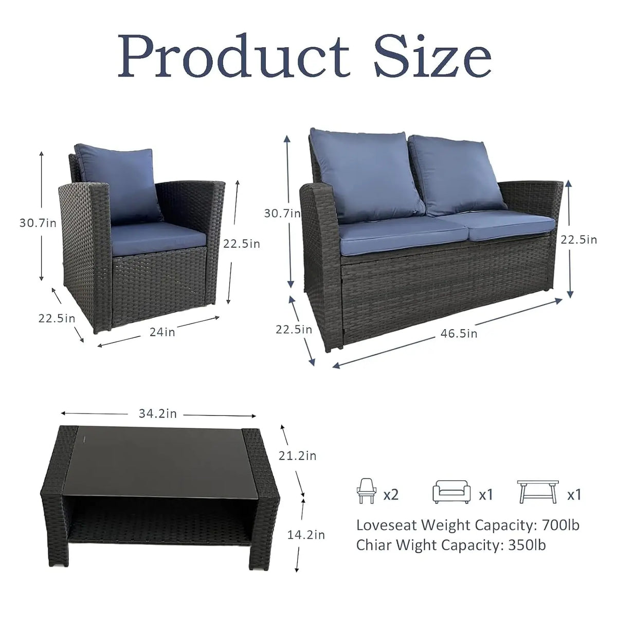 4 Piece Wicker Patio Sectional Sofa Set with Tempered Glass Table for Garden Porch Balcony, Customized