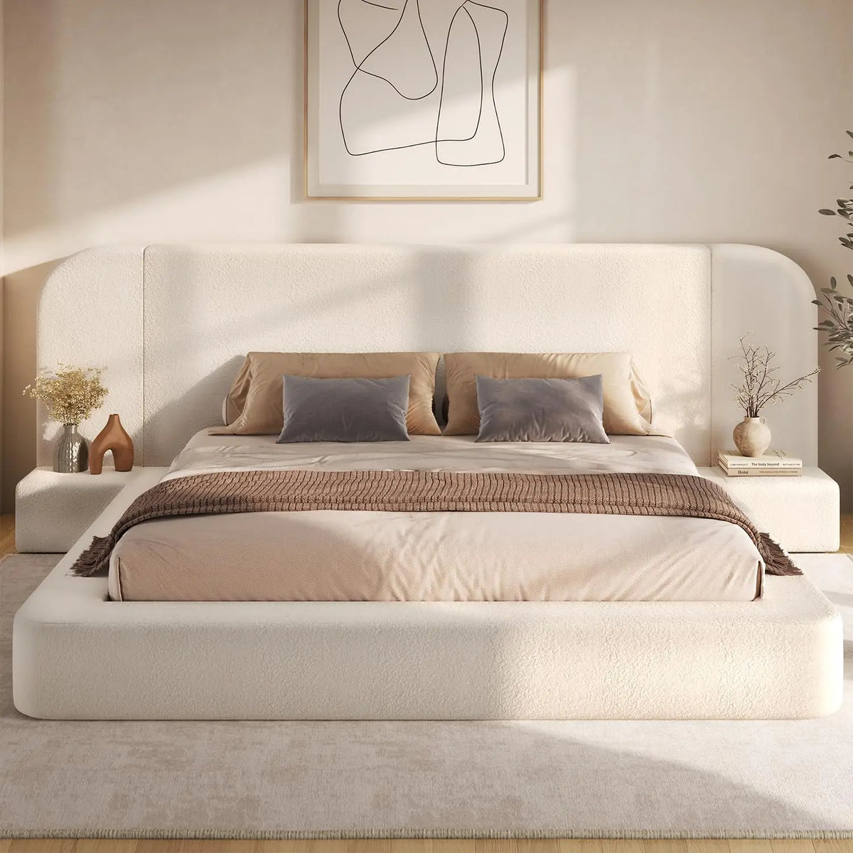 Upholstered King Bed Frame with Headboard & Nightstands, Beige, 110" Wide, 4.9" Foam, Noise-Free, No Box Spring, Customized